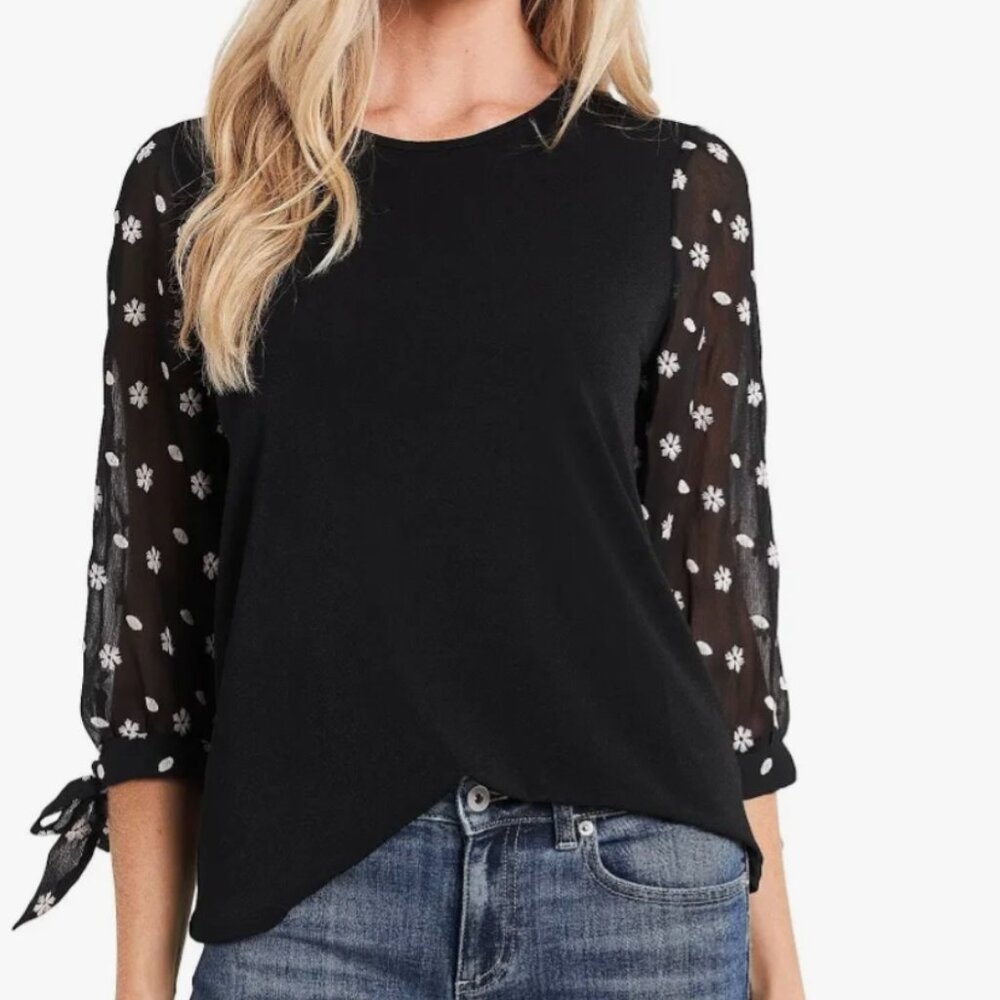 Cece Black Blouse with Sheer 3/4 Sleeve